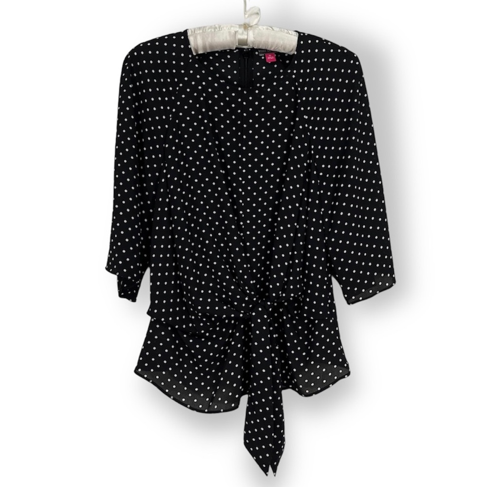 Vince Camuto Black Blouse White Polka Dot Tie Front Short Sleeve Keyhole Sz XS